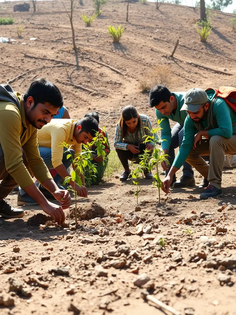 A vibrant photo showcasing volunteers planting trees in a deforested area of the Cézallier Vallée, illustrating the association's reforestation efforts.