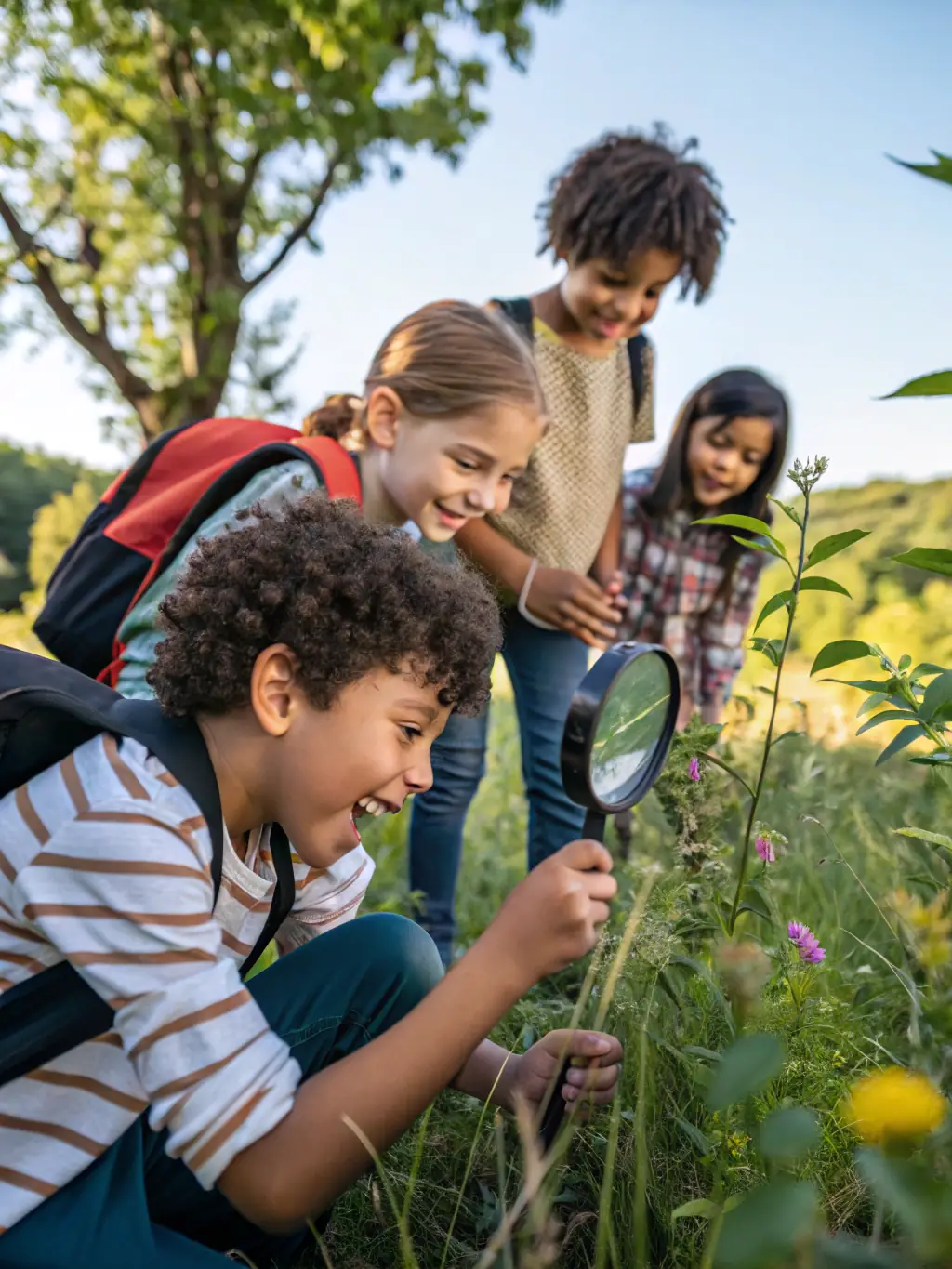 A group of children participating in an outdoor educational workshop, learning about local flora and fauna in the Cézallier Vallée.
