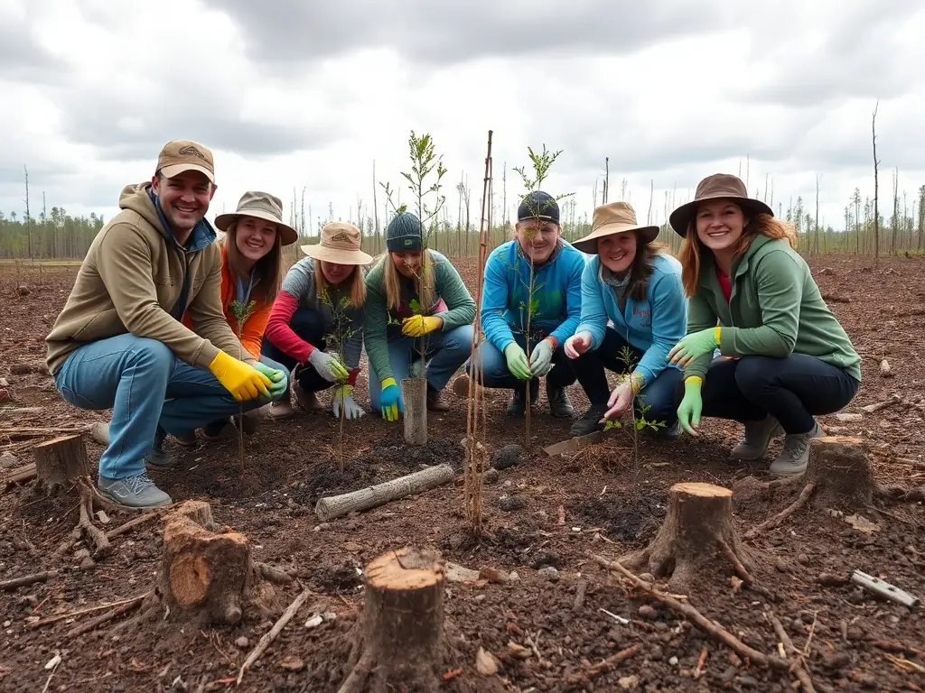 A vibrant image depicting volunteers planting trees in a deforested area, symbolizing the association's commitment to reforestation and environmental restoration.