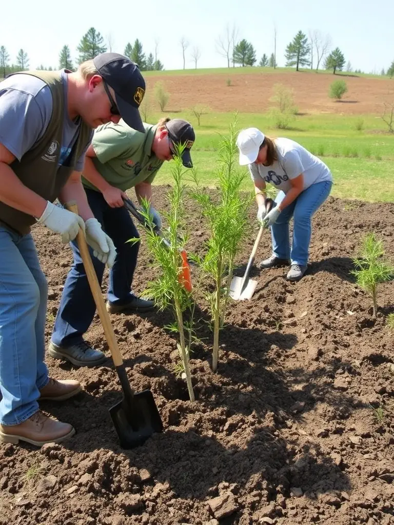A vibrant photo of volunteers planting trees in the Cezallier region, showcasing the reforestation efforts of the association.