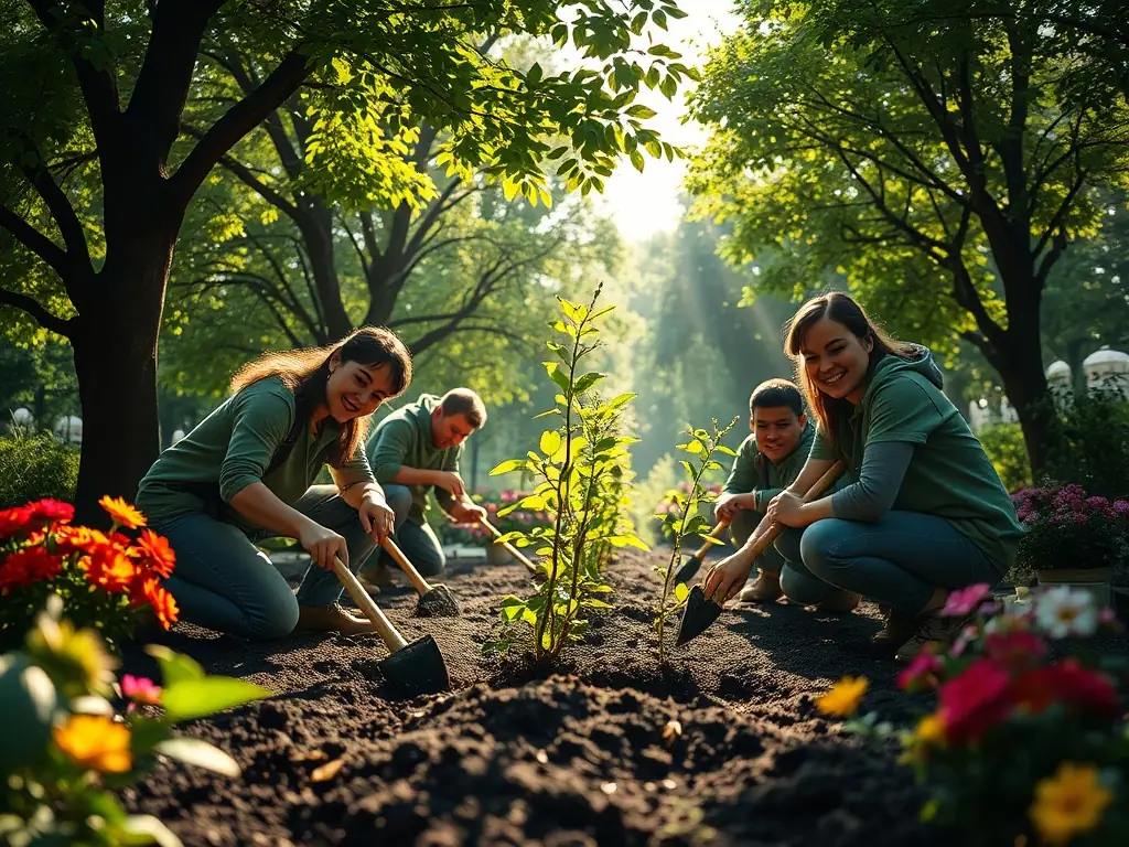 A vibrant image of volunteers planting trees in a lush forest, symbolizing community-led conservation efforts.